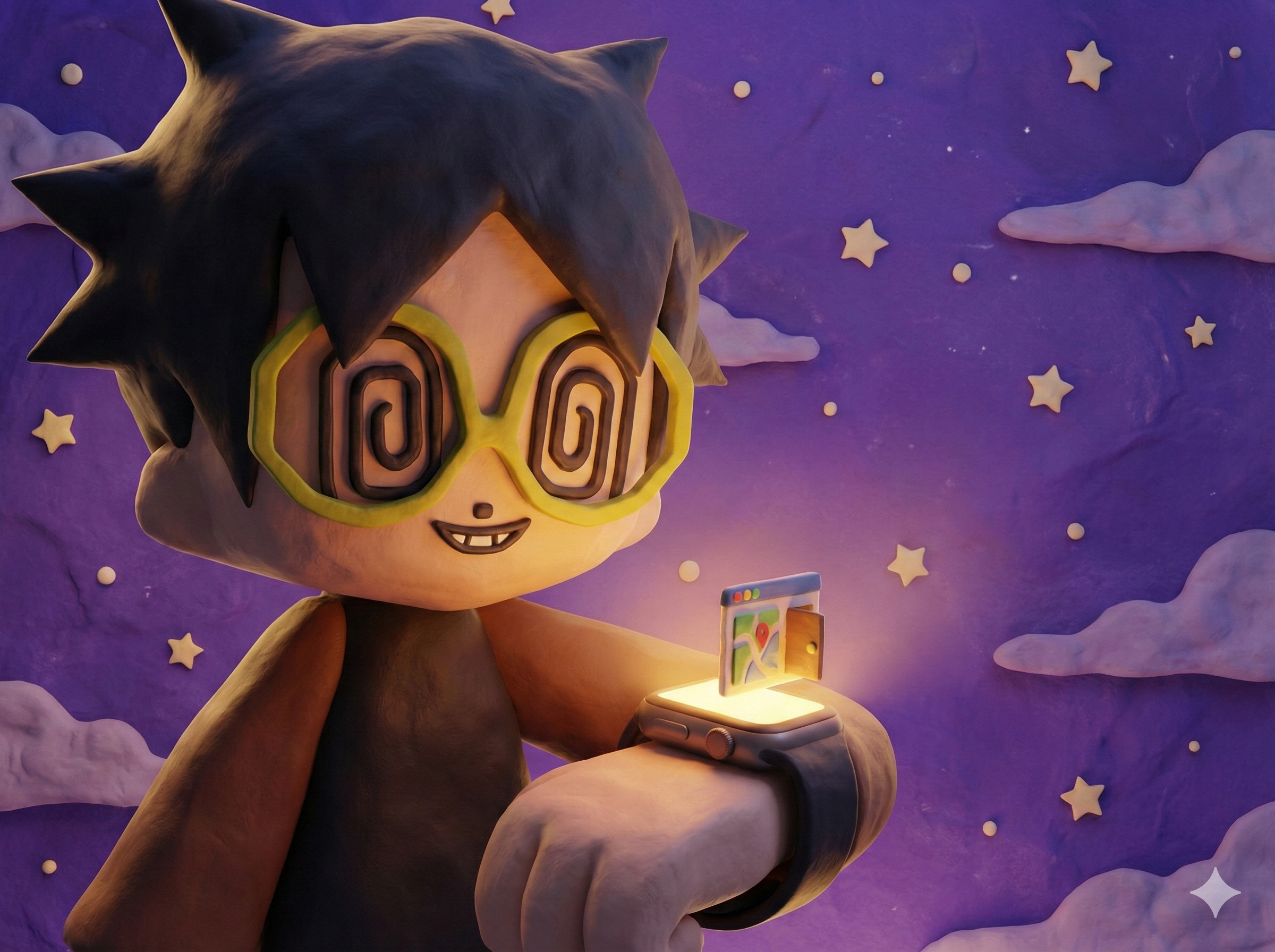 Clay version of Dakota looking at his Apple Watch set against a purple clay nighttime-sky.