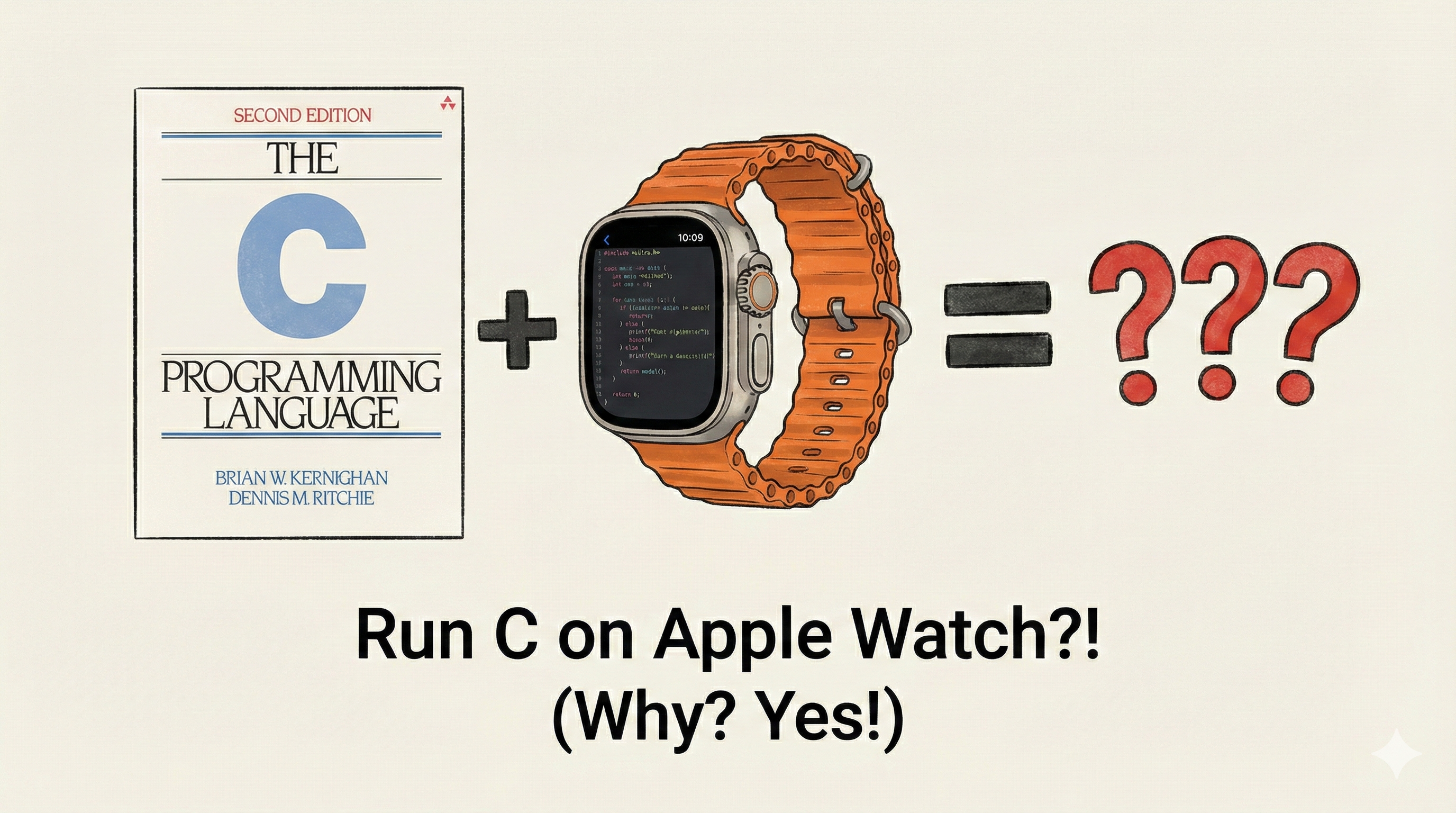 An image showing the C programming language book next to an Apple Watch