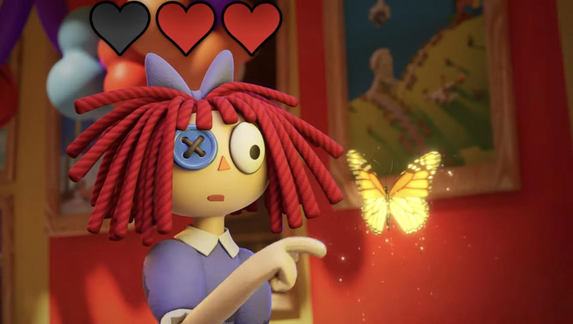 Ragatha from The Amazing Digital Circus looking at a butterfly.