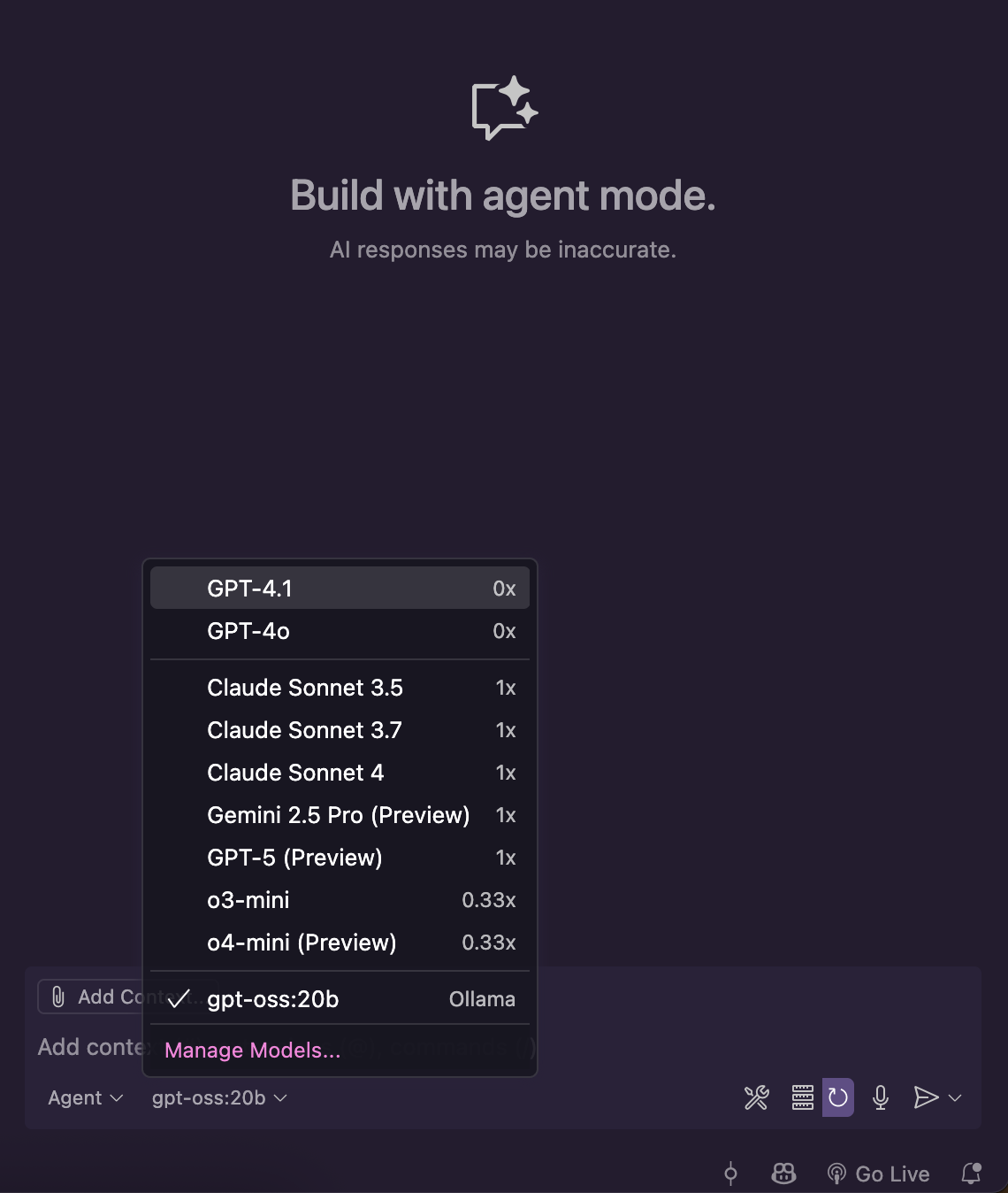 Click the model name in the Agent mode sidebar