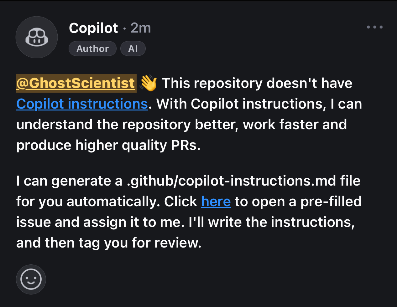 Copilot suggesting instructions
