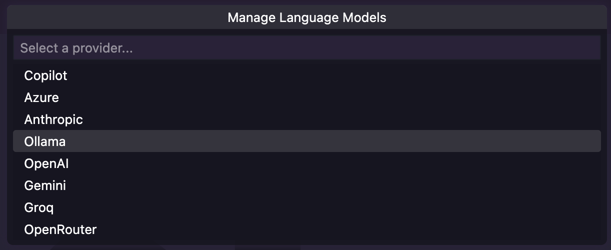 Select Ollama under Manage Language Models