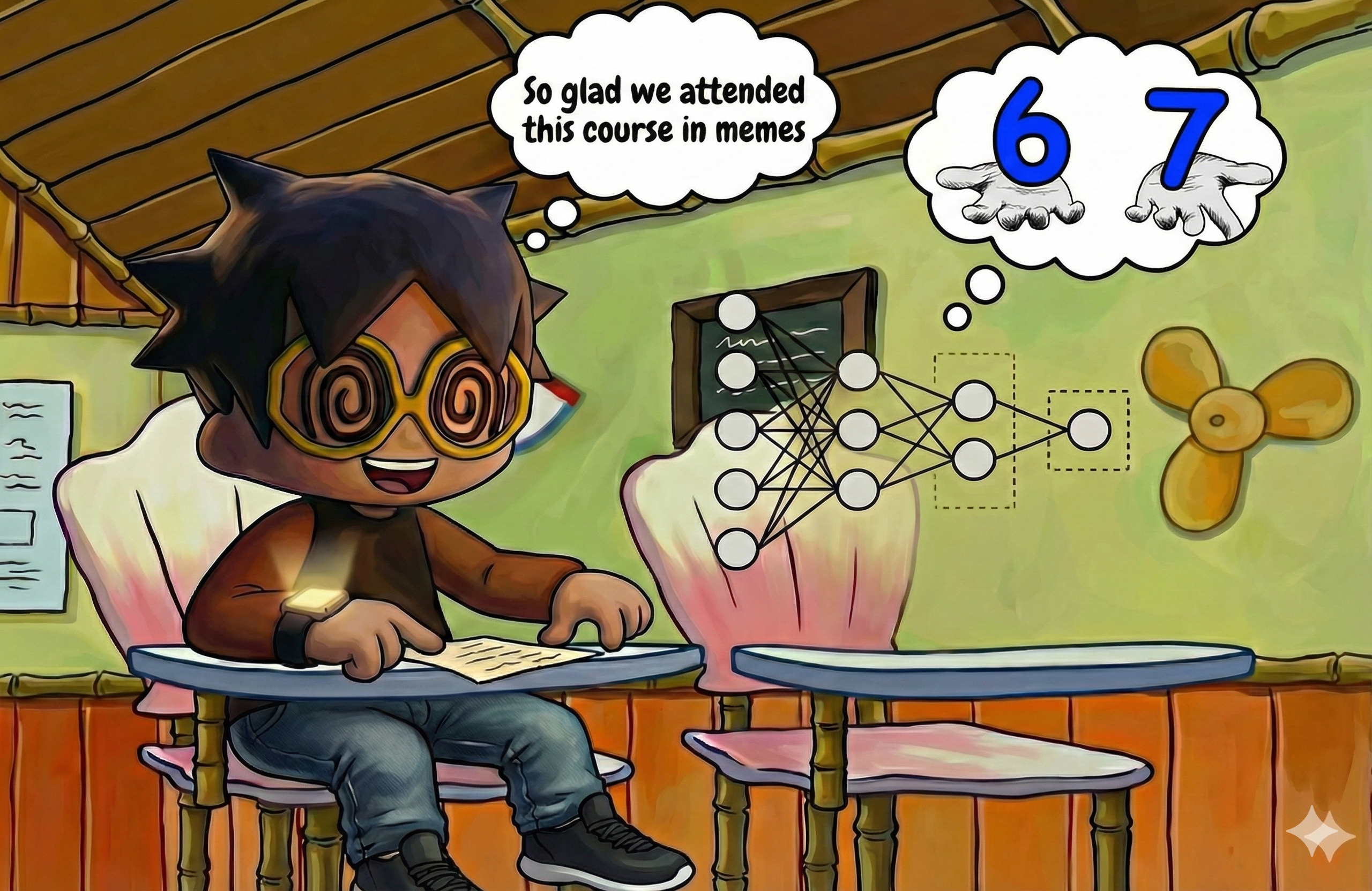 Dakota and a neural network in a class about memes. Dakota remarks 'glad we attended this course in memes', the neural network is thinking of the 6 7 meme.